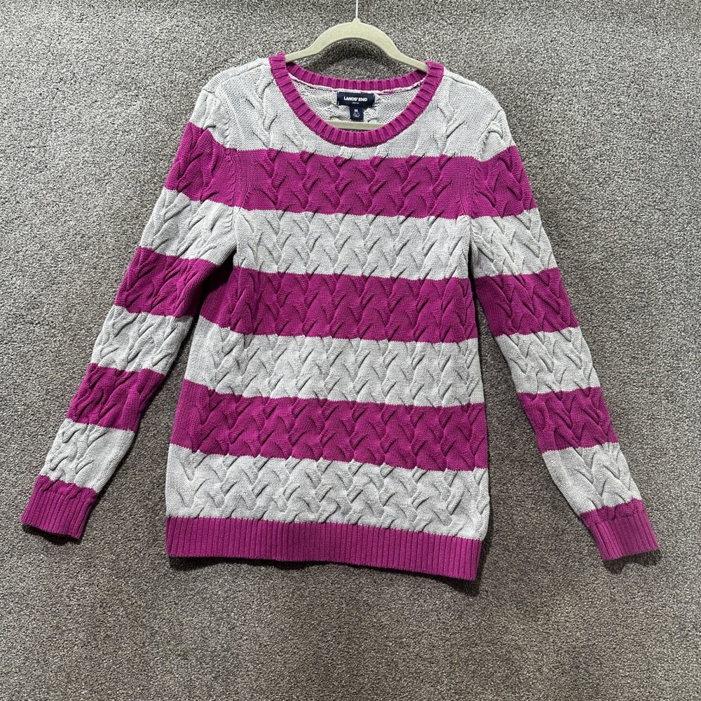 Lands End Drifter Cable Knit‎ Sweater Womens Medium Gray Pink Striped Cotton